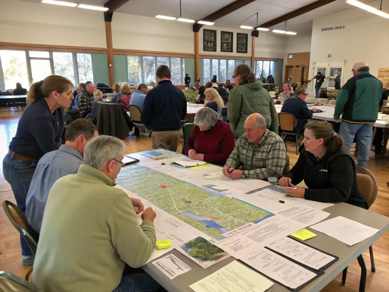 A community workshop focused on sustainable forestry practices, emphasizing local involvement.