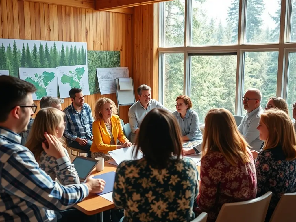 A photo of a workshop where community members are learning about sustainable forestry practices, with an instructor demonstrating techniques.