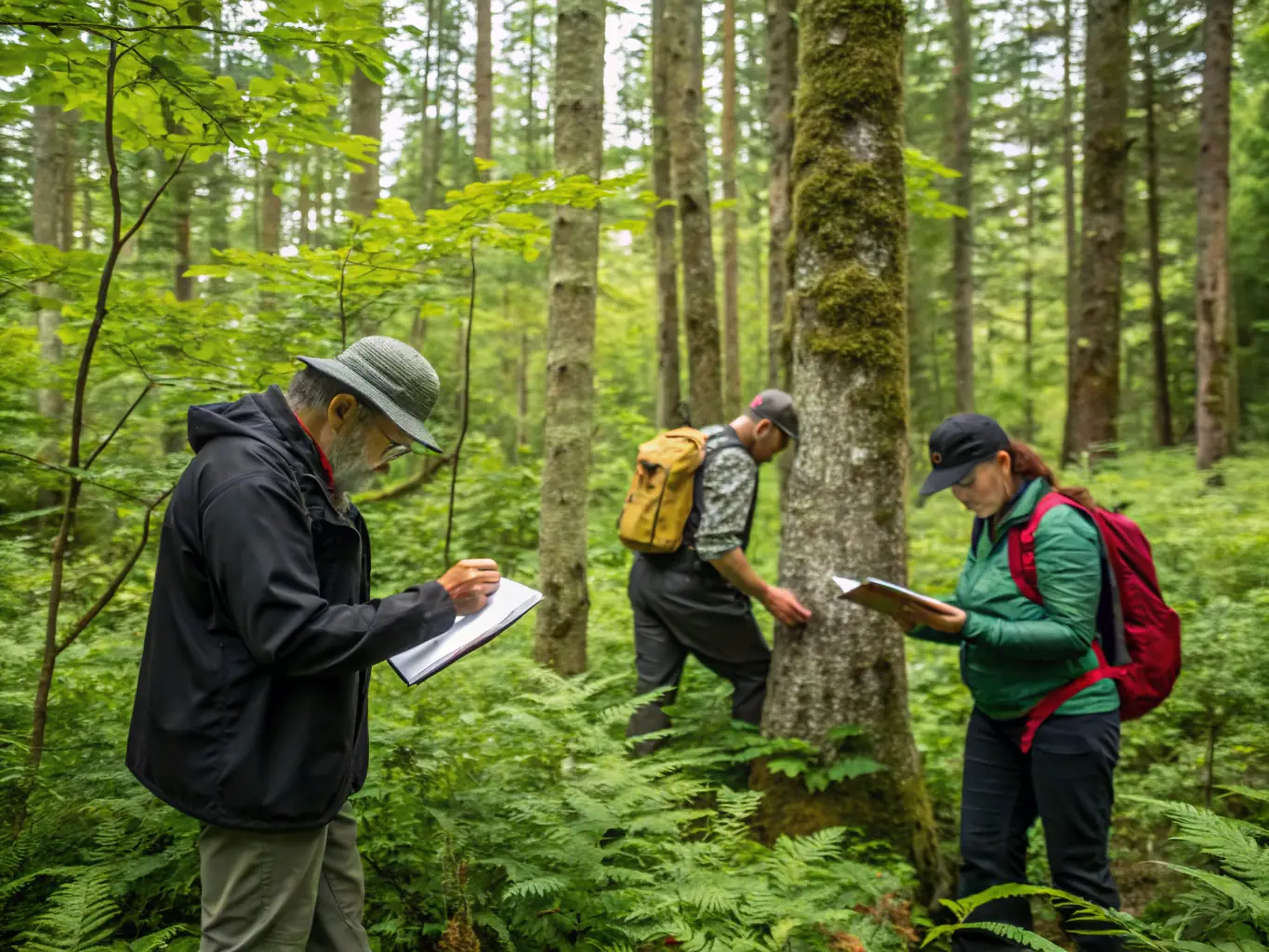 A group of forestry experts are conducting a field assessment in a dense forest, examining tree health and biodiversity as part of the sustainable forest management program.