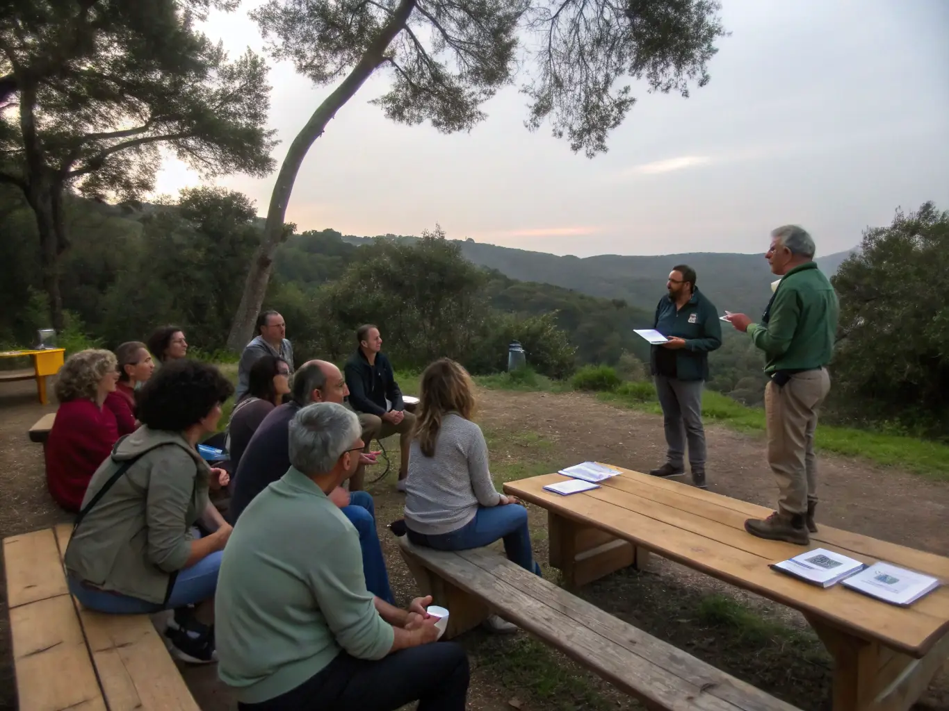 A community workshop is being held in a rural area, where local residents are learning about the benefits of sustainable forestry and how to participate in conservation efforts.