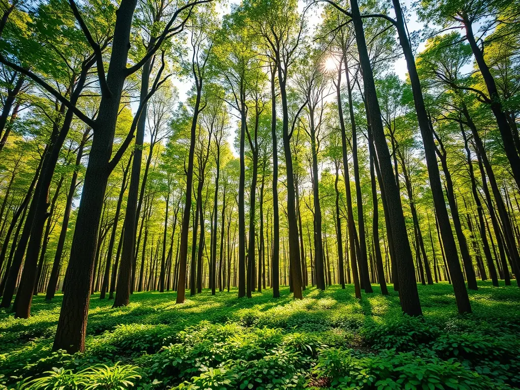 An image of a well-managed forest with diverse tree species, showcasing the principles of sustainable forestry and biodiversity conservation.