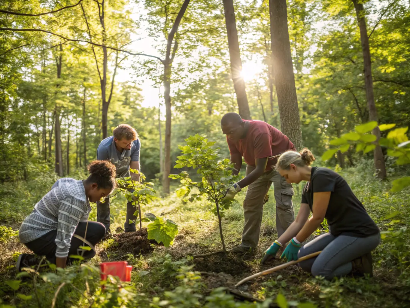 A photograph showcasing a diverse group of community members participating in a forest restoration project, planting trees and working together to enhance the local ecosystem.
