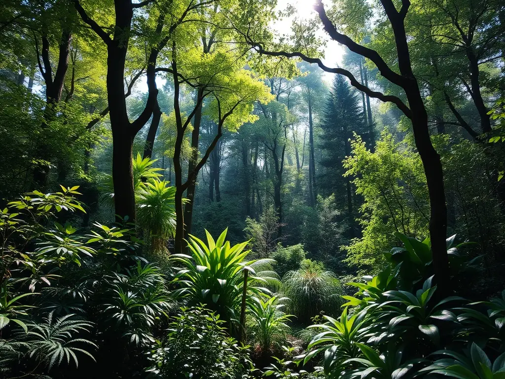 A lush, green forest canopy with sunlight filtering through the leaves, representing sustainable forest management.