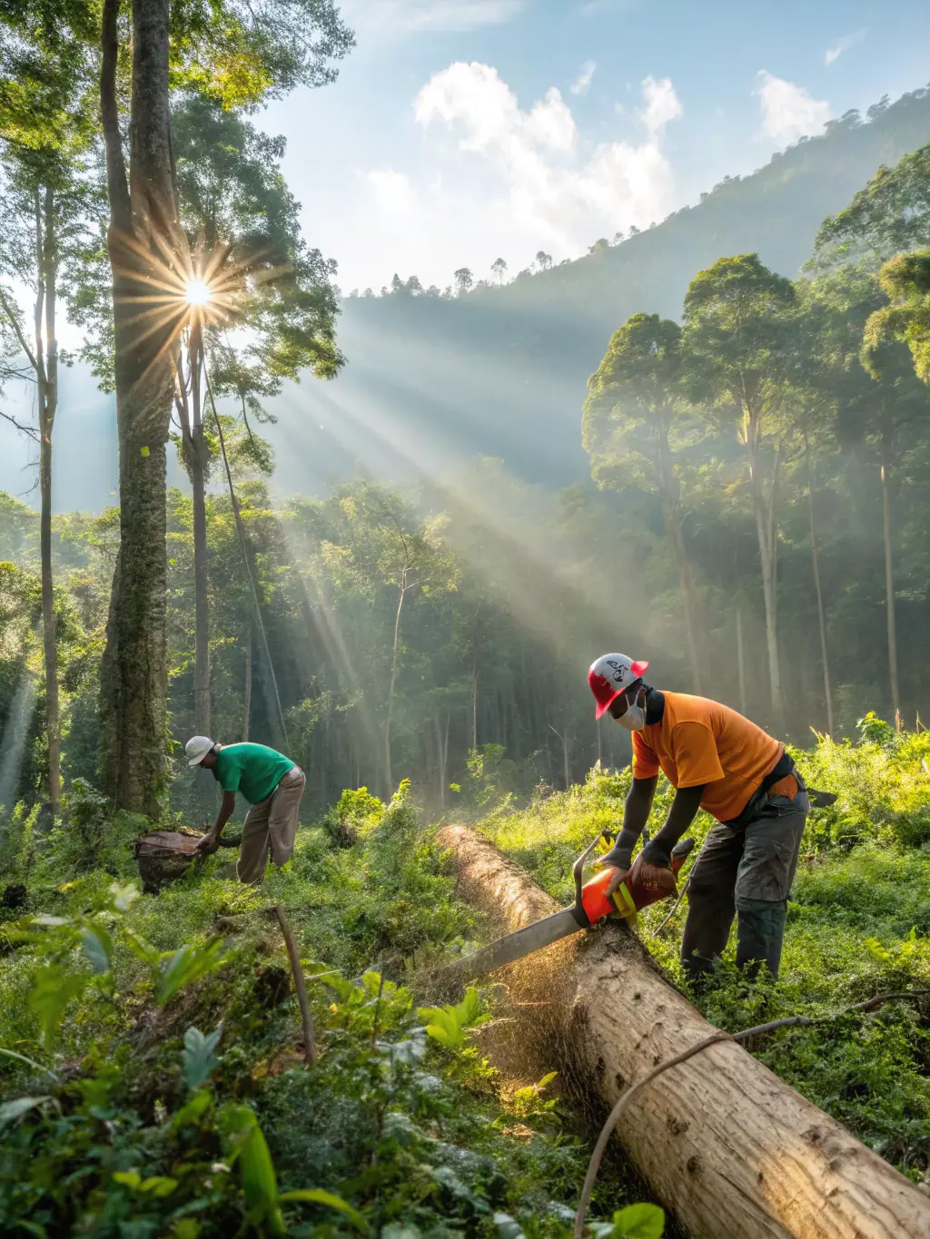An image showing the process of wood valorization, highlighting sustainable harvesting and processing techniques that minimize environmental impact and maximize resource efficiency.