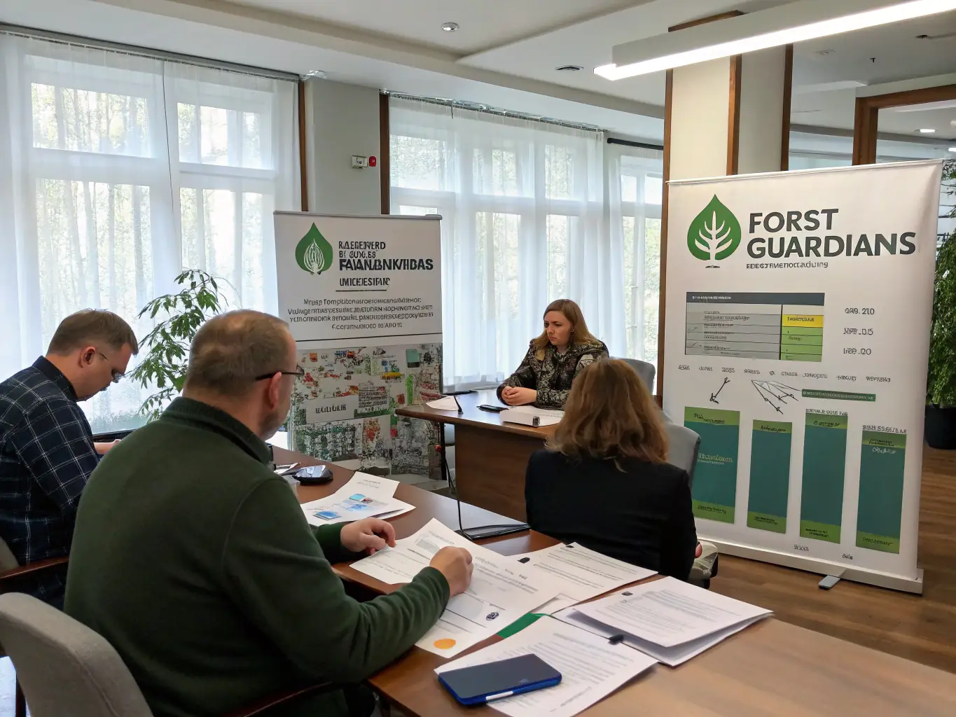 A group of forestry experts are gathered around a table, reviewing maps and discussing sustainable forest management strategies in a well-lit office setting.