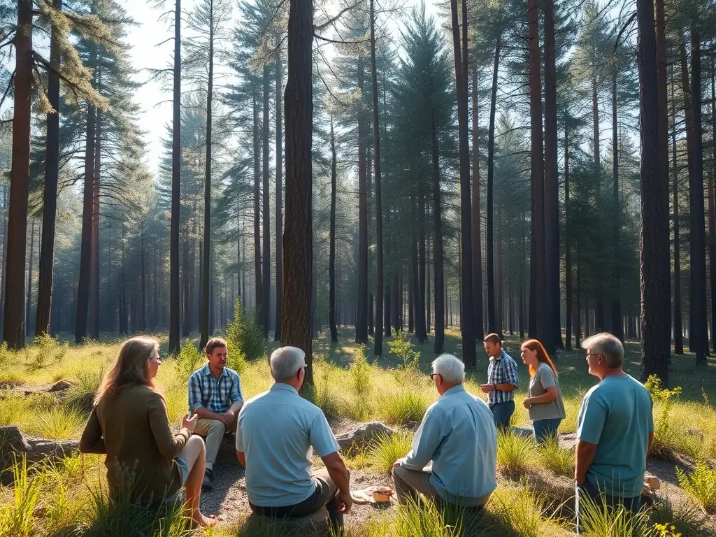 A photo of a forestry expert providing training to local community members on sustainable harvesting techniques, promoting economic development and responsible resource use.