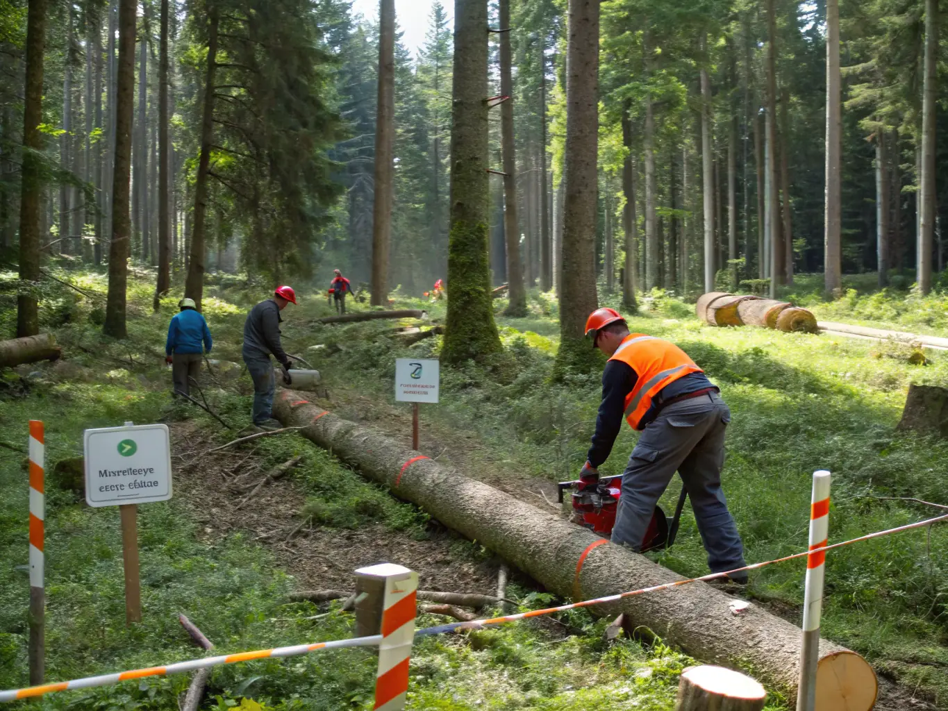 An image of a lush, healthy forest with forestry workers conducting sustainable harvesting activities, highlighting responsible management.